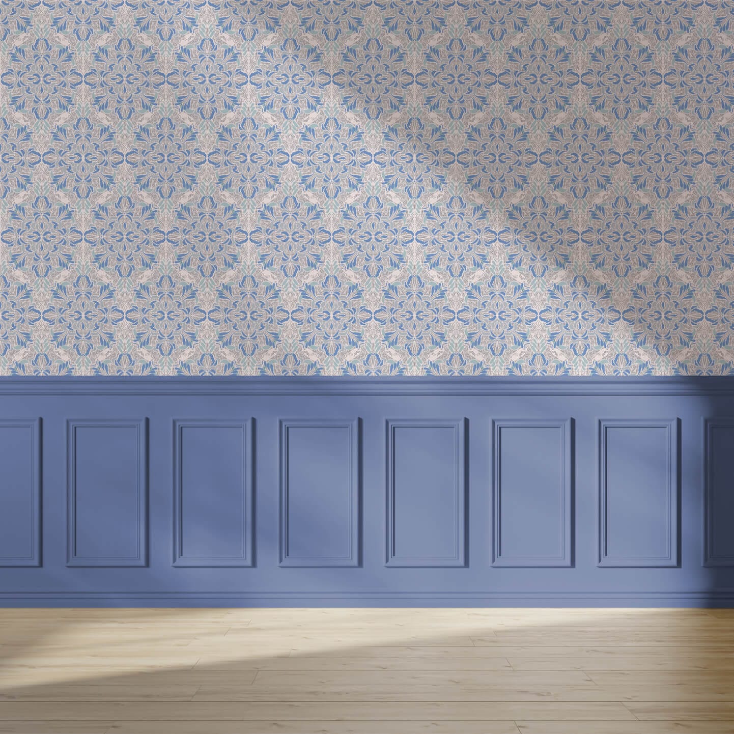 Wallpaper sample of blue and light blue floral pattern.