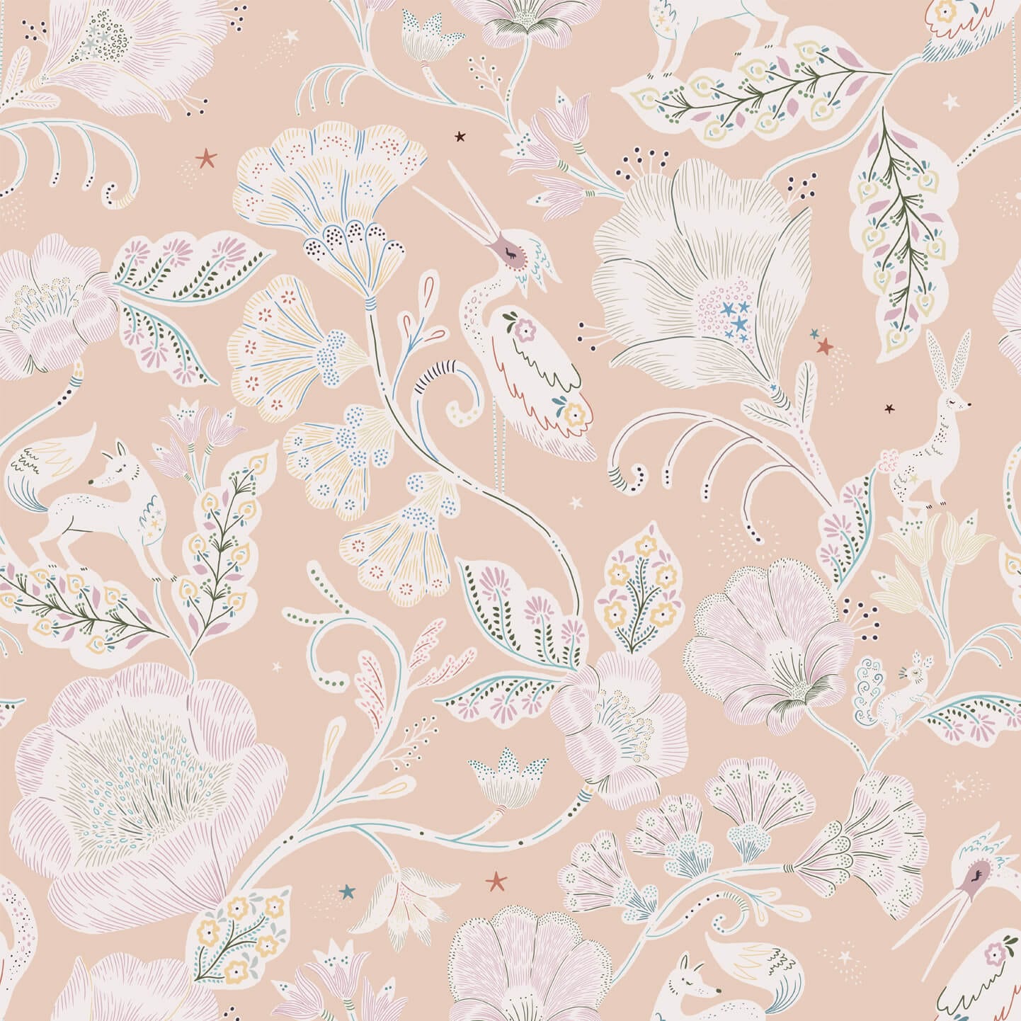 Wallpaper sample with a peach background and white animals such as storks and wolves with pretty floral patterns.