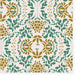 Wallpaper sample of green leaves with gold flowers and cream background.