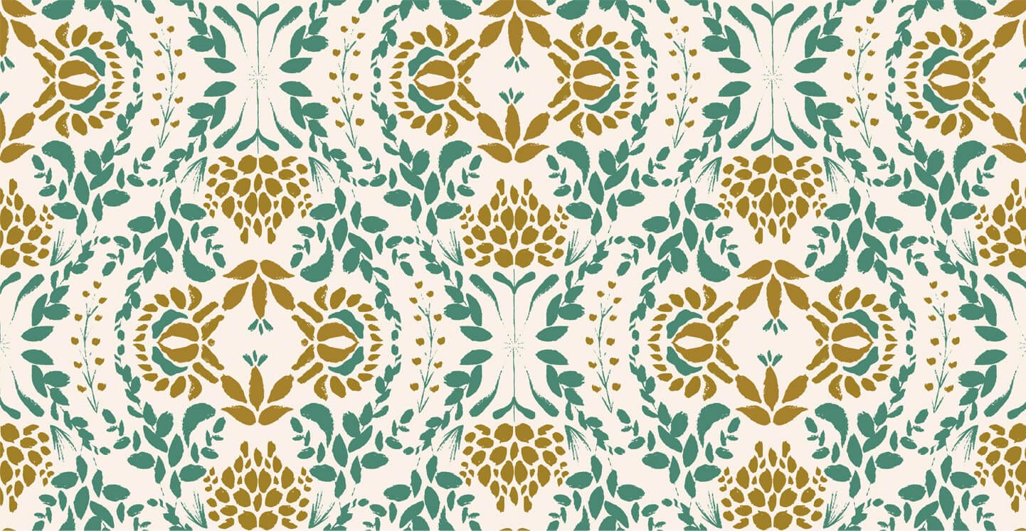 Wallpaper sample of green leaves with gold flowers and cream background.